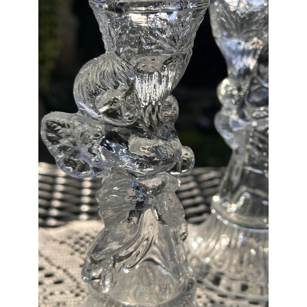 Vintage Clear Glass Angel Candle Holders Pair Praying Angel/ Cherub Candlsti